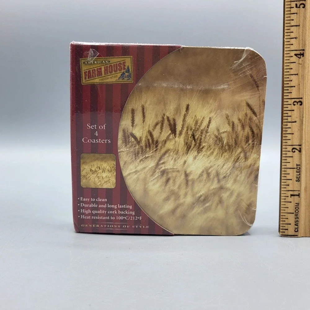 American Farm House Coasters Set of 4 Wheat Field Harvest Cork Backed Brown